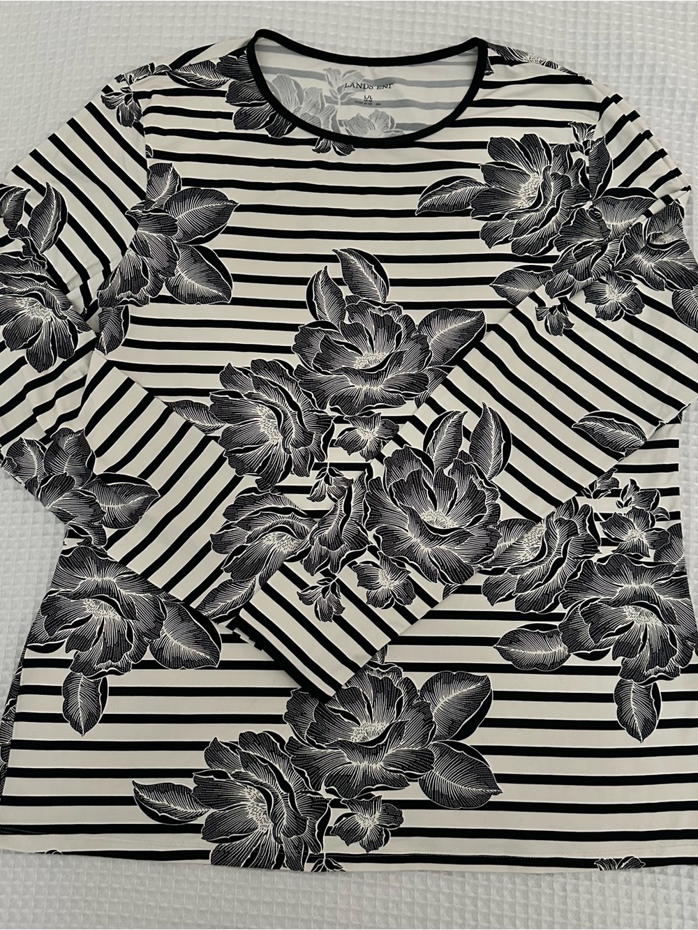 Lands' End Black & Off White Striped Floral Long-Sleeve Rashguard Size L